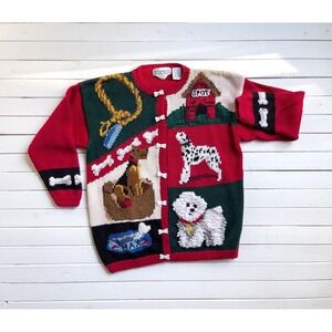 Eagles Eye vtg dog novelty hand knit embroidered cardigan sweater‎